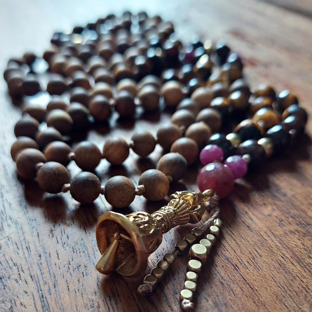 Fierce Heart Mala with Faceted Tiger's Eye, Garnet, and Raw Red Ruby
