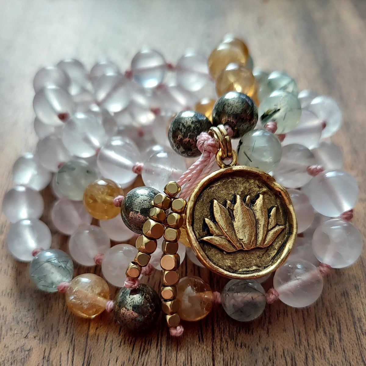 Lakshmi’s Grace Mala with Rose Quartz, Prehnite, and Heated Citrine