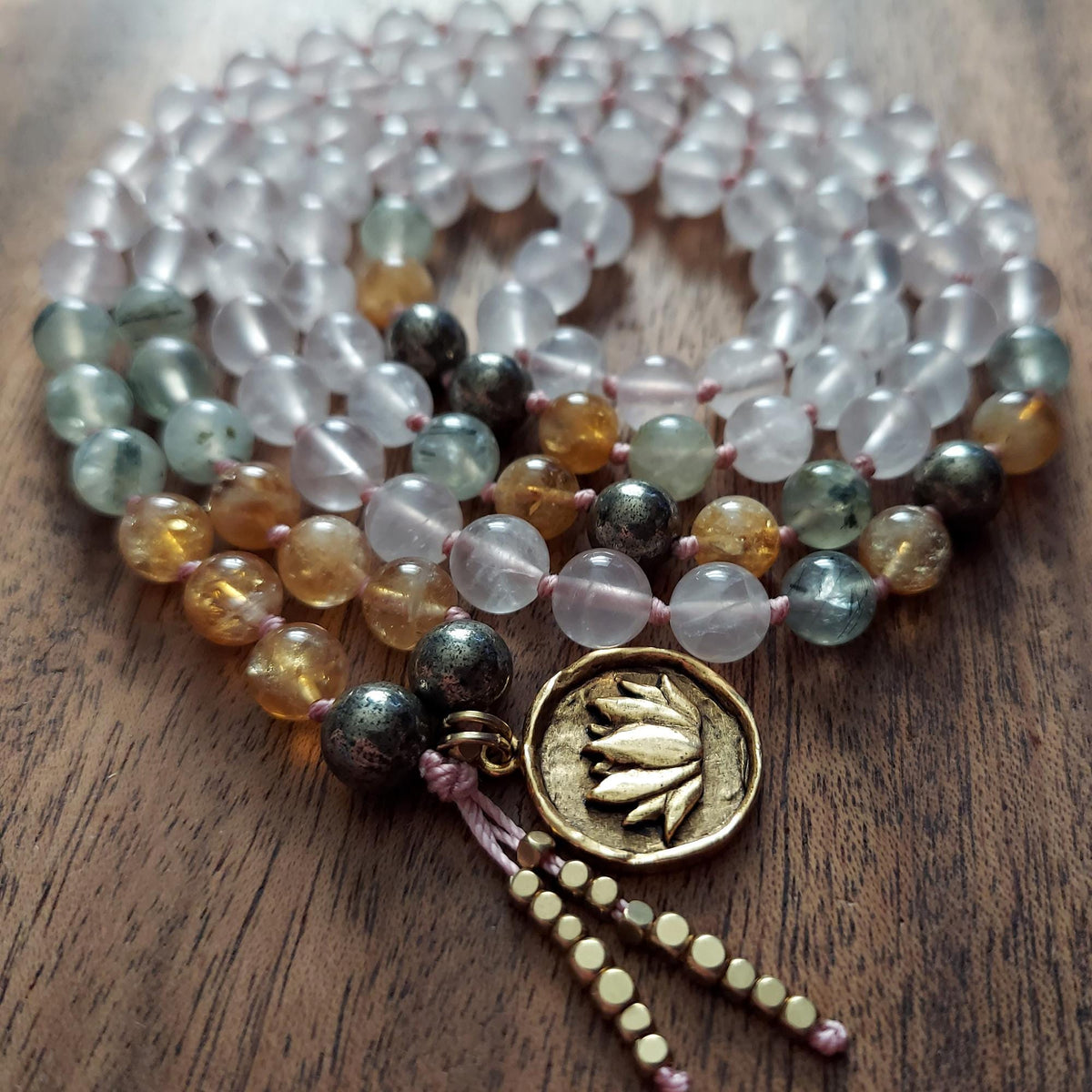 Lakshmi’s Grace Mala with Rose Quartz, Prehnite, and Heated Citrine