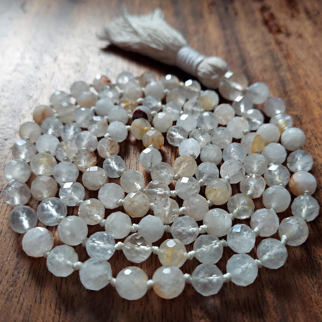 Luminous White Quartz Mala with faceted White Quartz