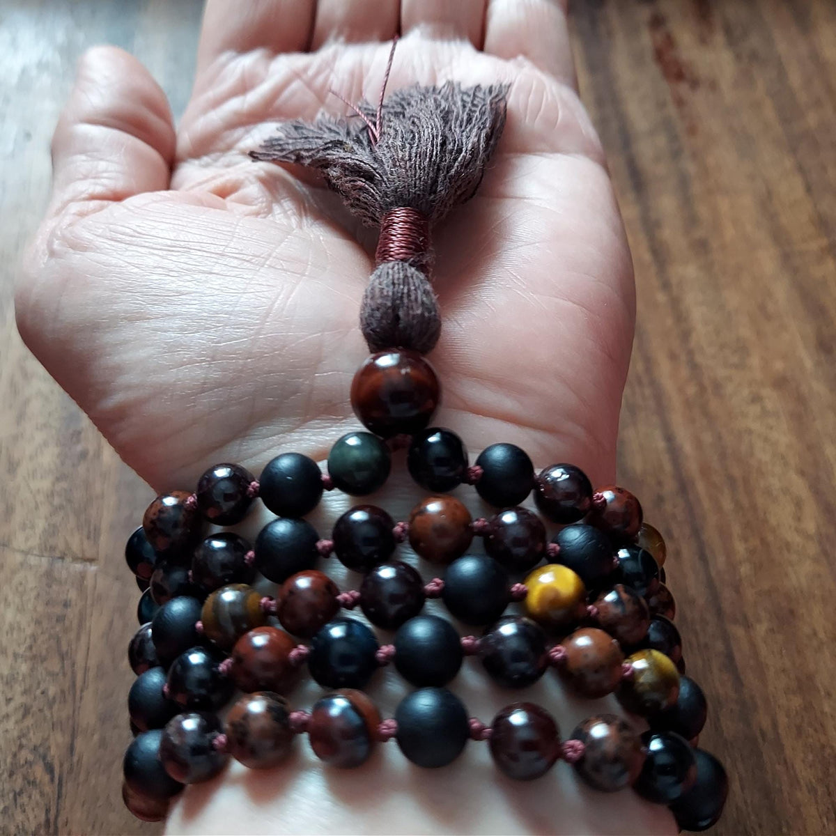 The Fire and Root Protection Mala with Garnet, Mixed Obsidian, and Mixed Tigers Eye