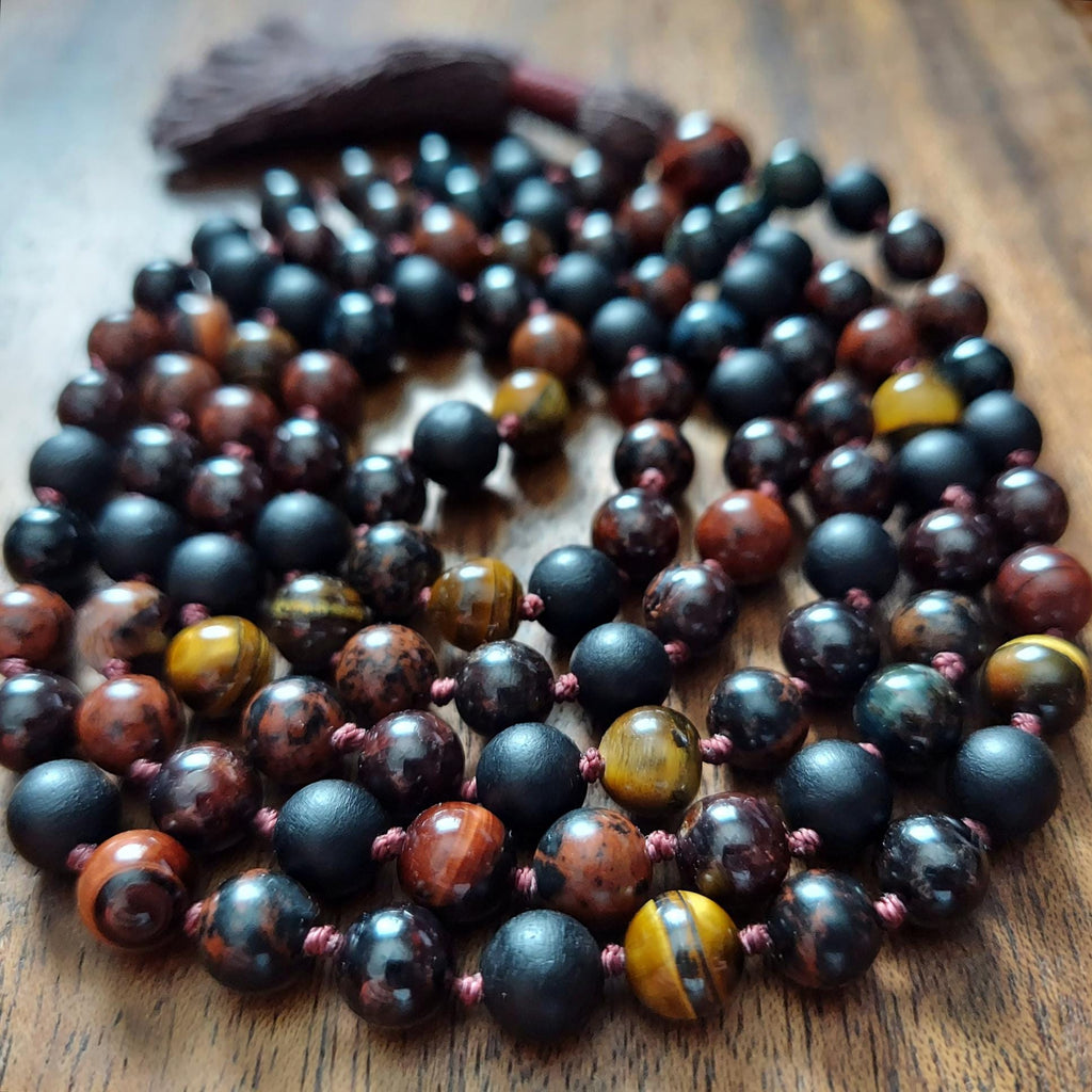 The Fire and Root Protection Mala with Garnet, Mixed Obsidian, and Mixed Tigers Eye