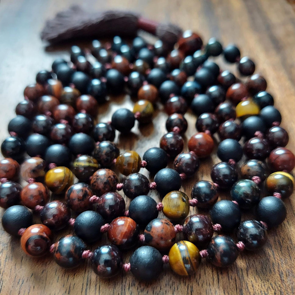 The Fire and Root Protection Mala with Garnet, Mixed Obsidian, and Mixed Tigers Eye