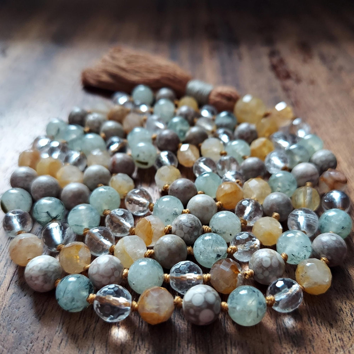 Healing Spirit Mala with Faceted Golden Healer Quartz and Prehnite
