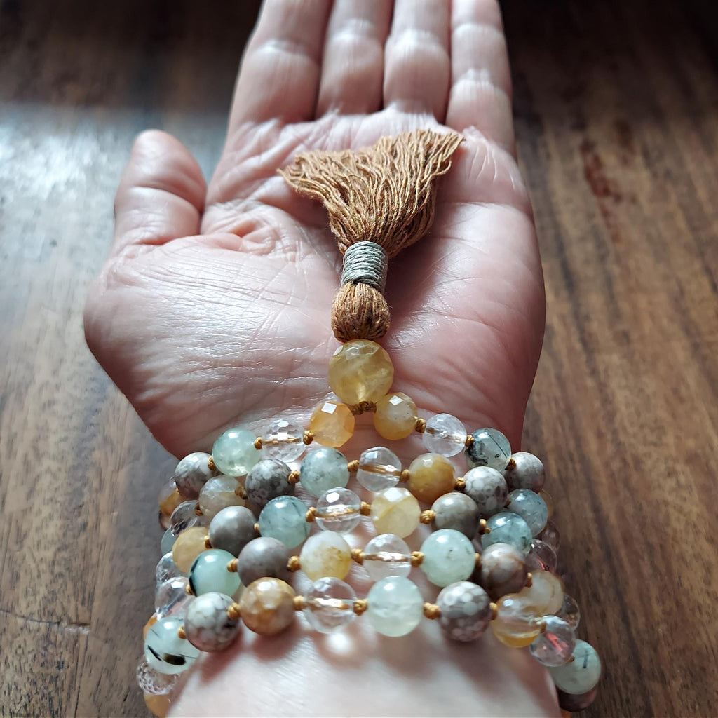 Healing Spirit Mala with Faceted Golden Healer Quartz and Prehnite