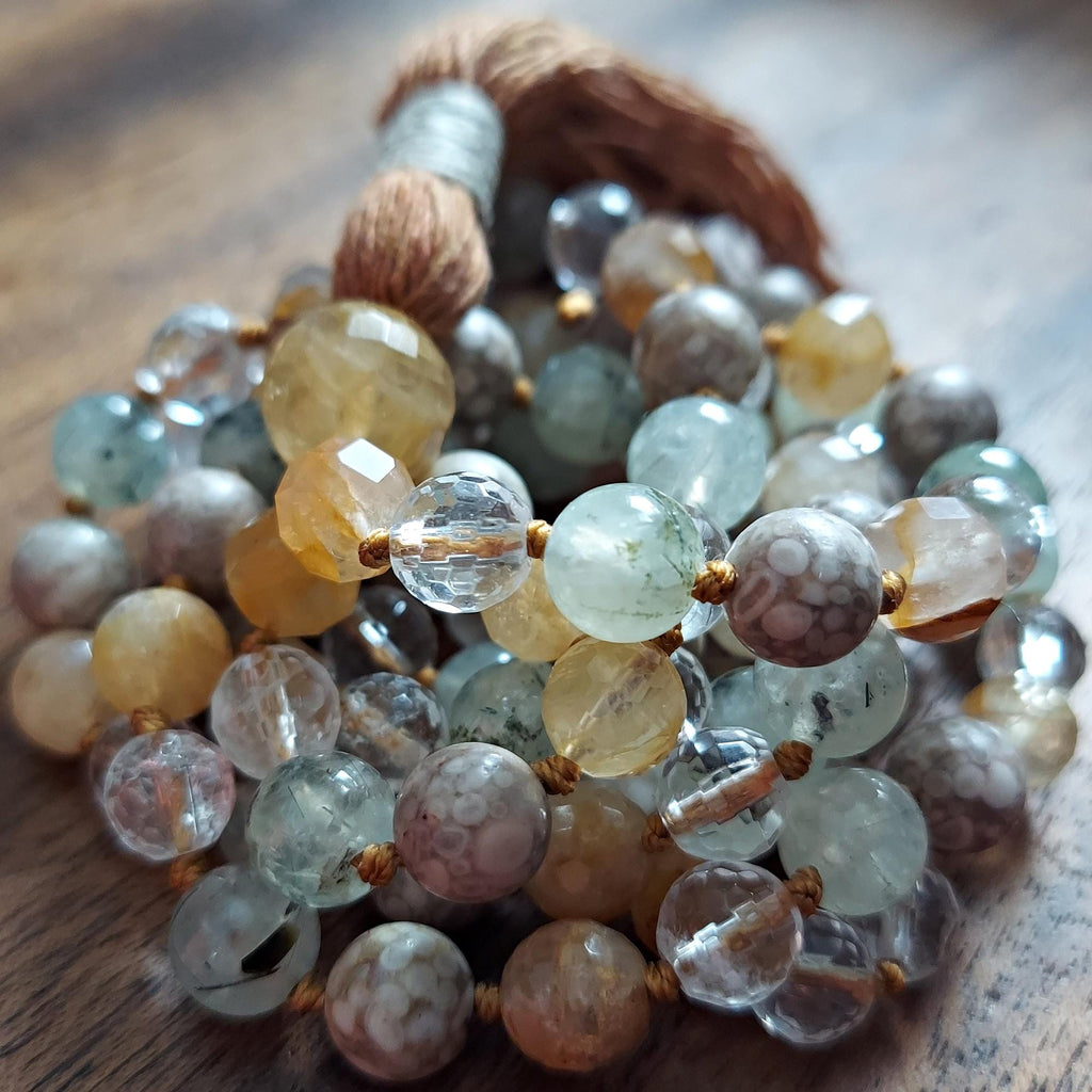Healing Spirit Mala with Faceted Golden Healer Quartz and Prehnite