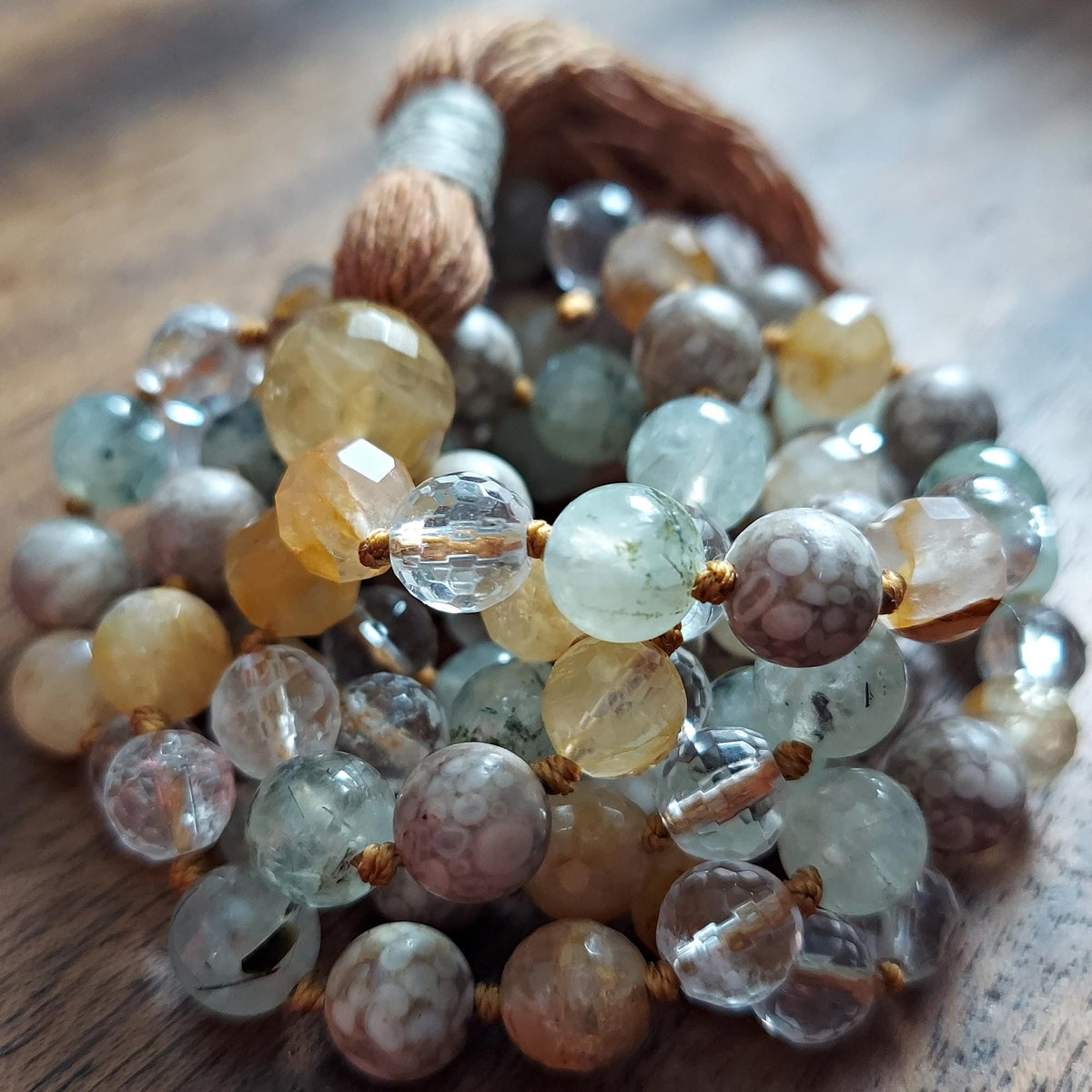 Healing Spirit Mala with Faceted Golden Healer Quartz and Prehnite