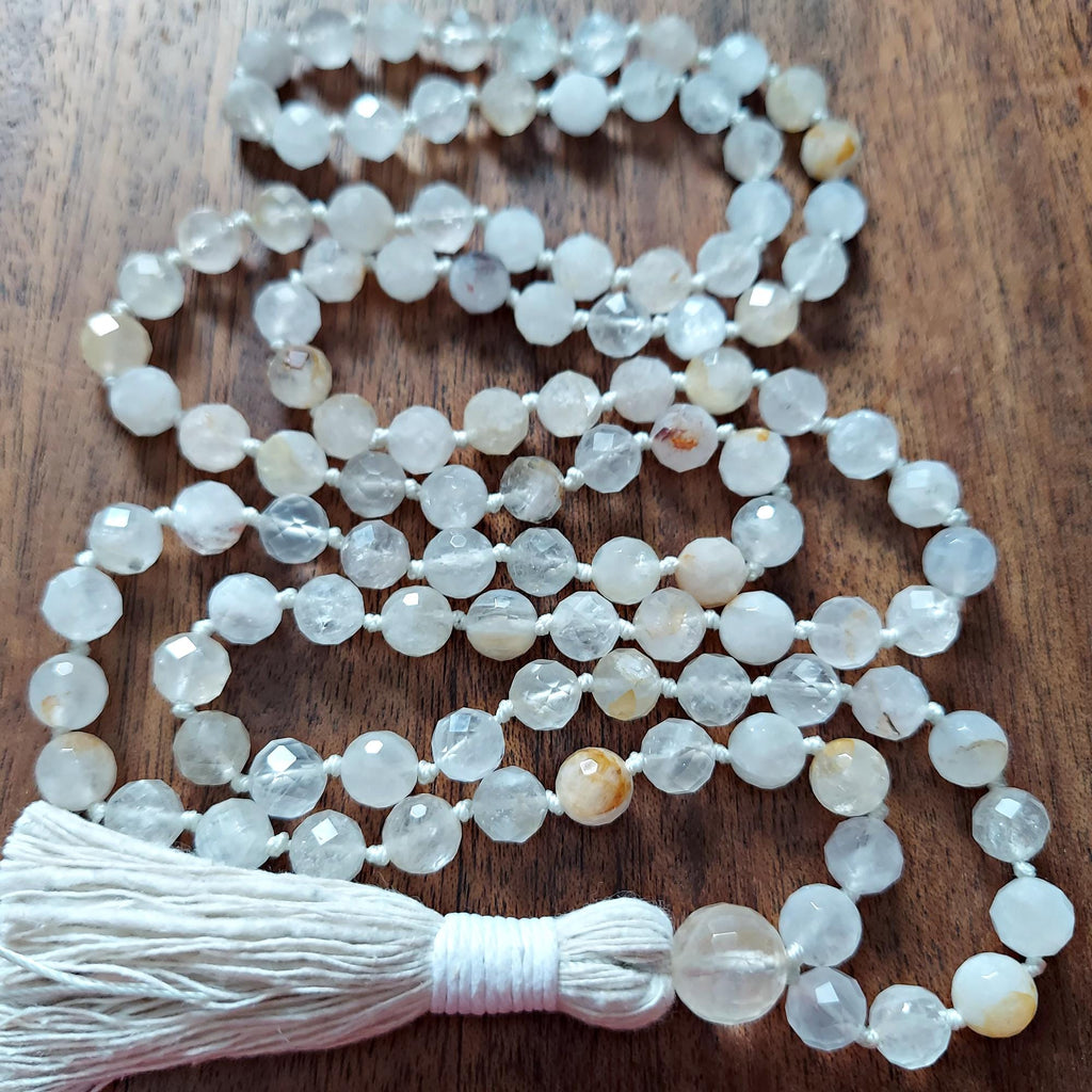 Luminous White Quartz Mala with faceted White Quartz