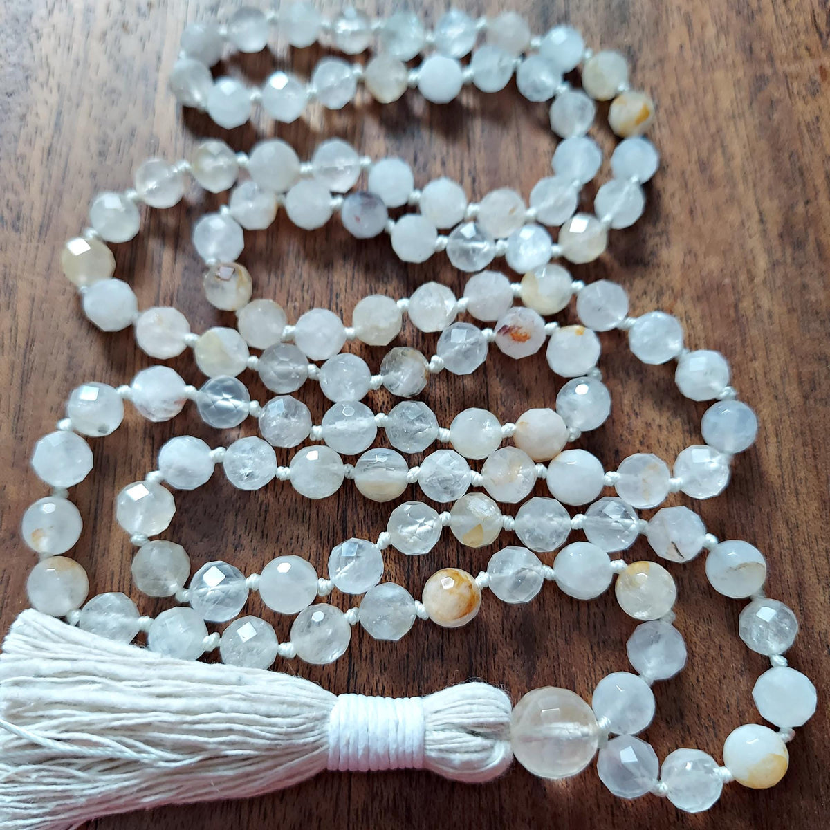 Luminous White Quartz Mala with faceted White Quartz