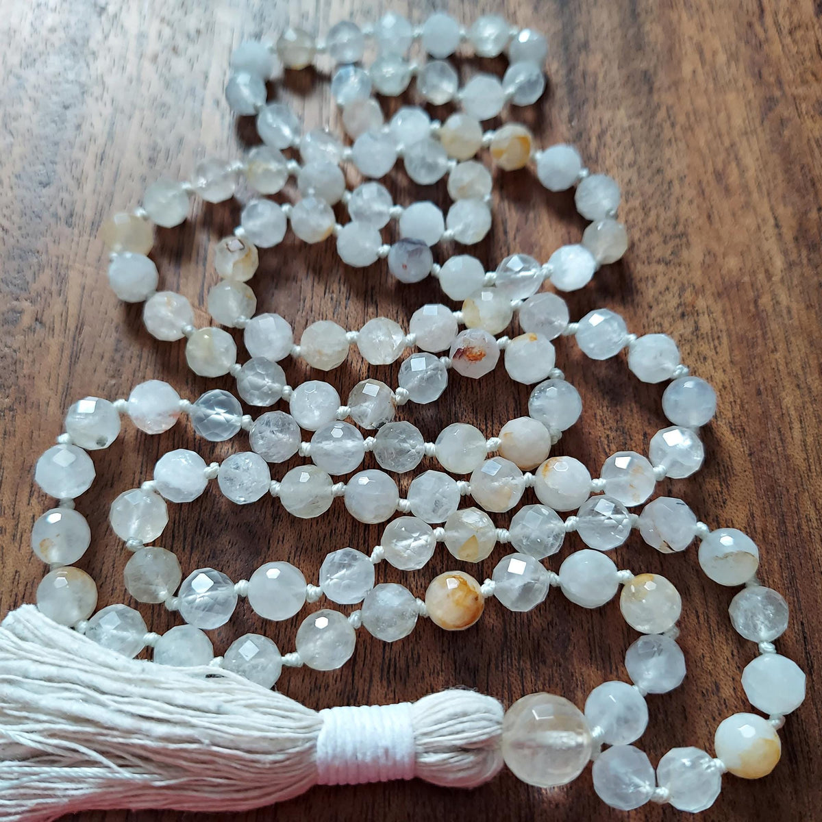Luminous White Quartz Mala with faceted White Quartz