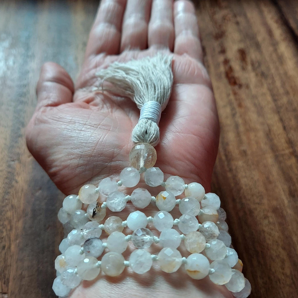 Luminous White Quartz Mala with faceted White Quartz