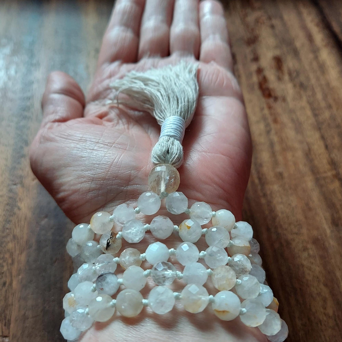 Luminous White Quartz Mala with faceted White Quartz