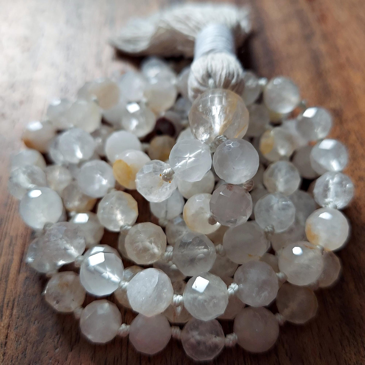 Luminous White Quartz Mala with faceted White Quartz