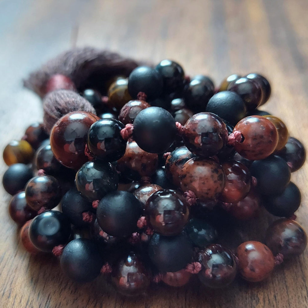 The Fire and Root Protection Mala with Garnet, Mixed Obsidian, and Mixed Tigers Eye
