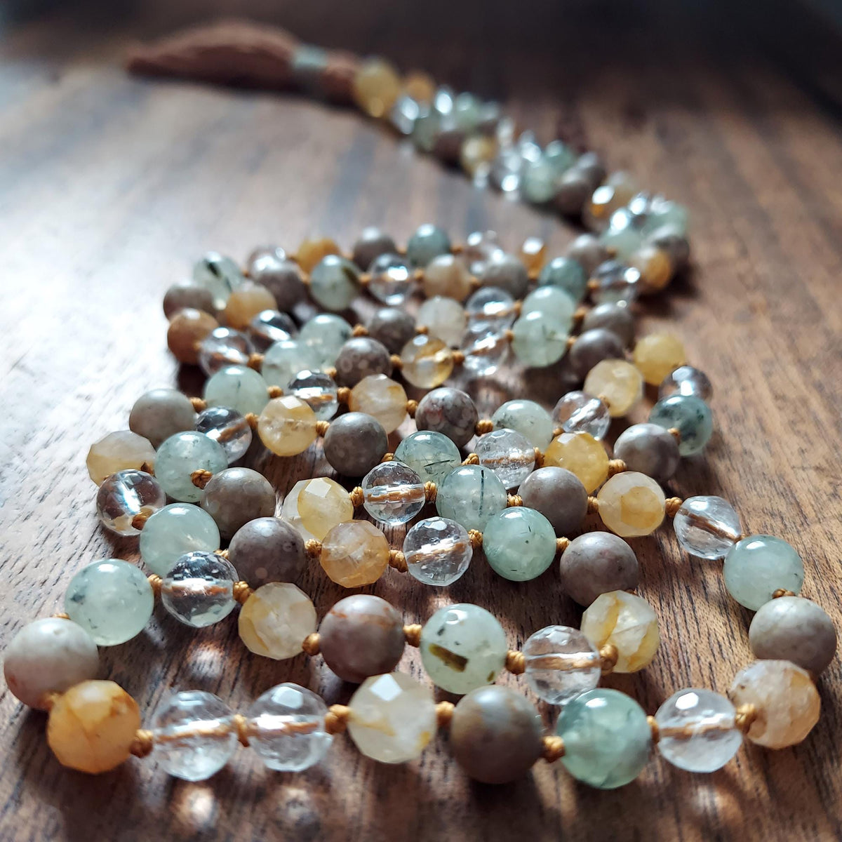 Healing Spirit Mala with Faceted Golden Healer Quartz and Prehnite