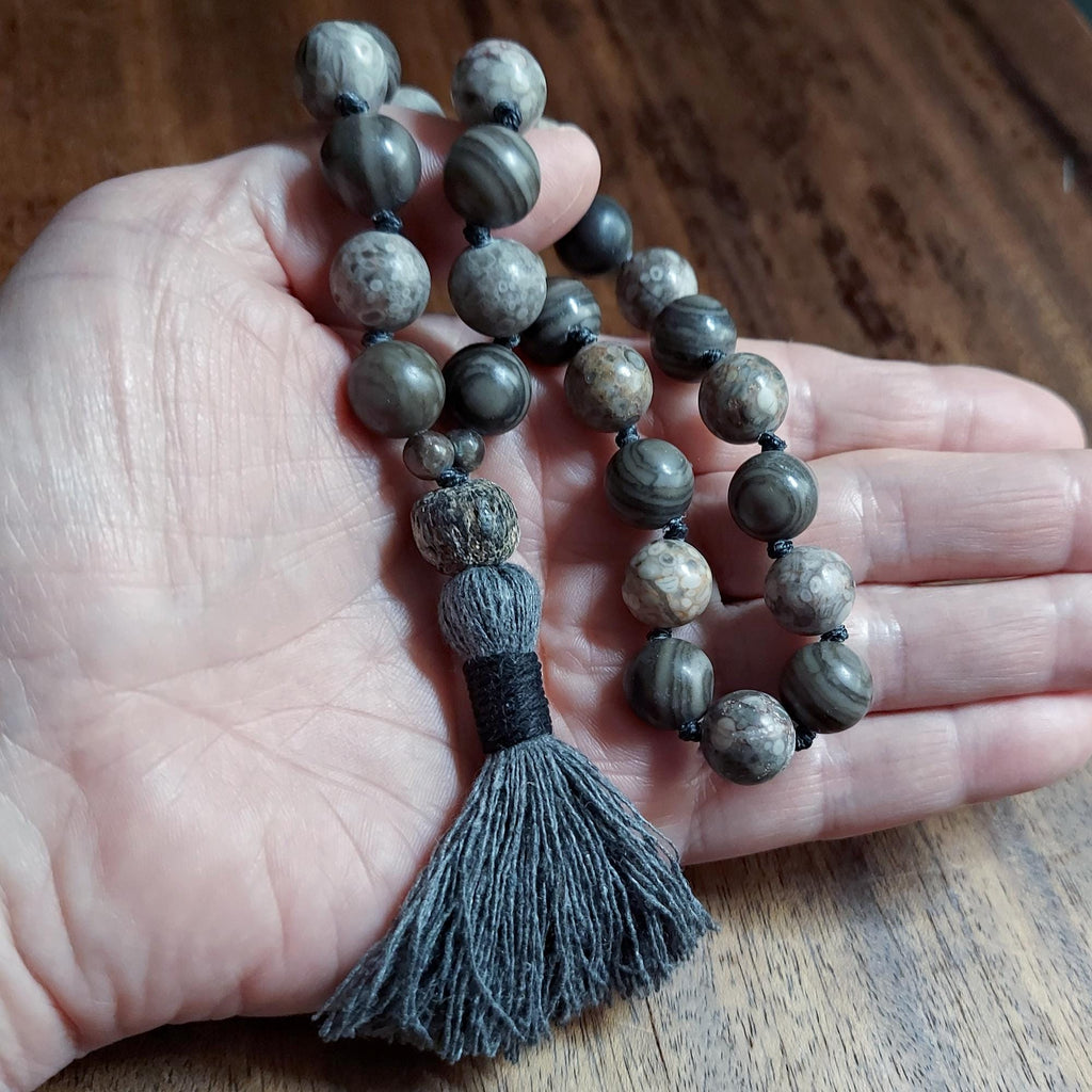 Fossil Pocket Mala with Petrified Wood, Ocean Fossil, and Stegodon Bone Fossil Guru