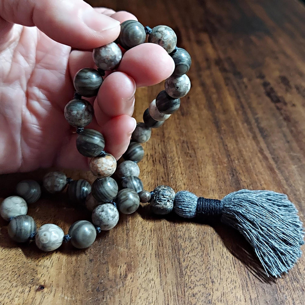 Fossil Pocket Mala with Petrified Wood, Ocean Fossil, and Stegodon Bone Fossil Guru