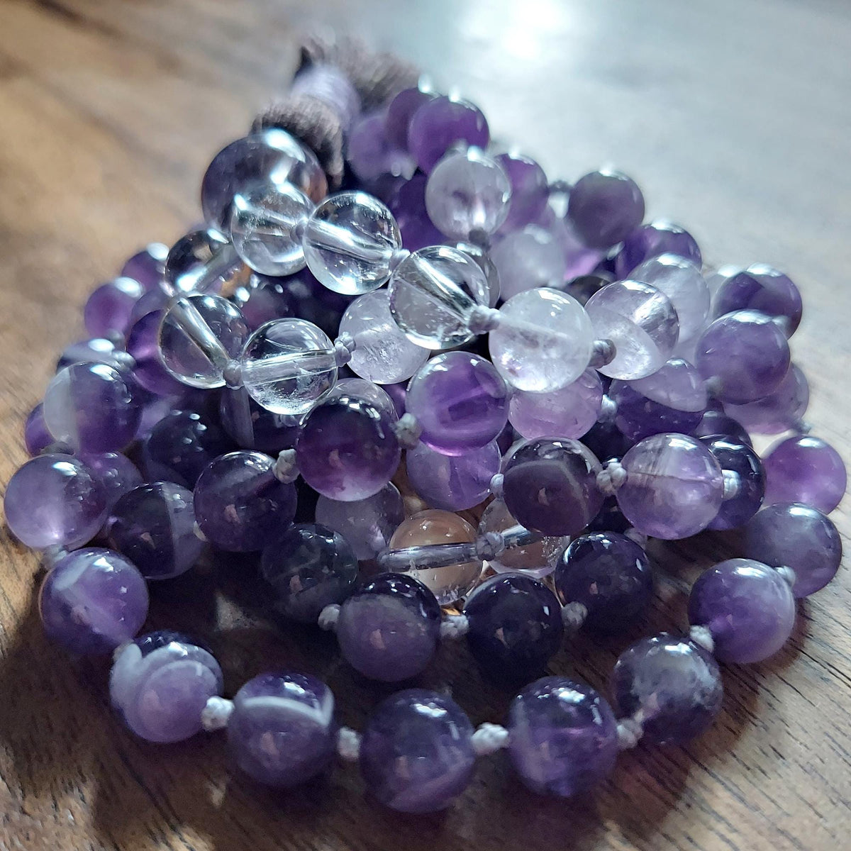 Violet Dragon Mala with Amethyst, Lavender Amethyst, Clear Quartz, and Ametrine Guru