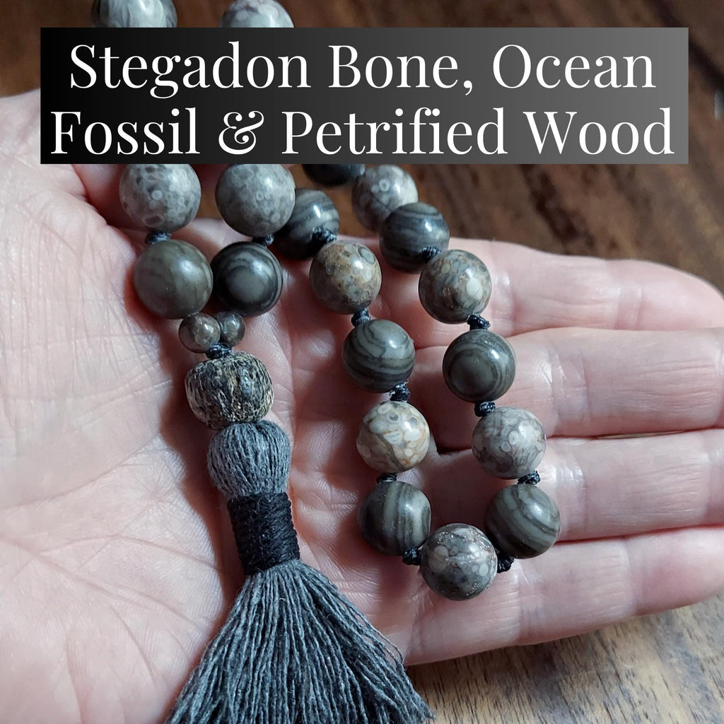 Fossil Pocket Mala with Petrified Wood, Ocean Fossil, and Stegodon Bone Fossil Guru