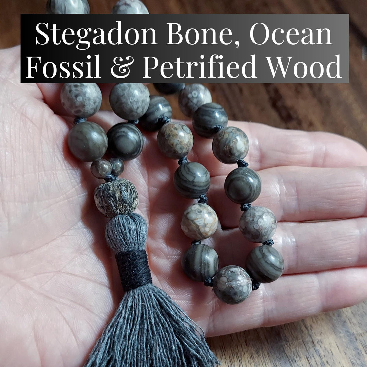 Fossil Pocket Mala with Petrified Wood, Ocean Fossil, and Stegodon Bone Fossil Guru
