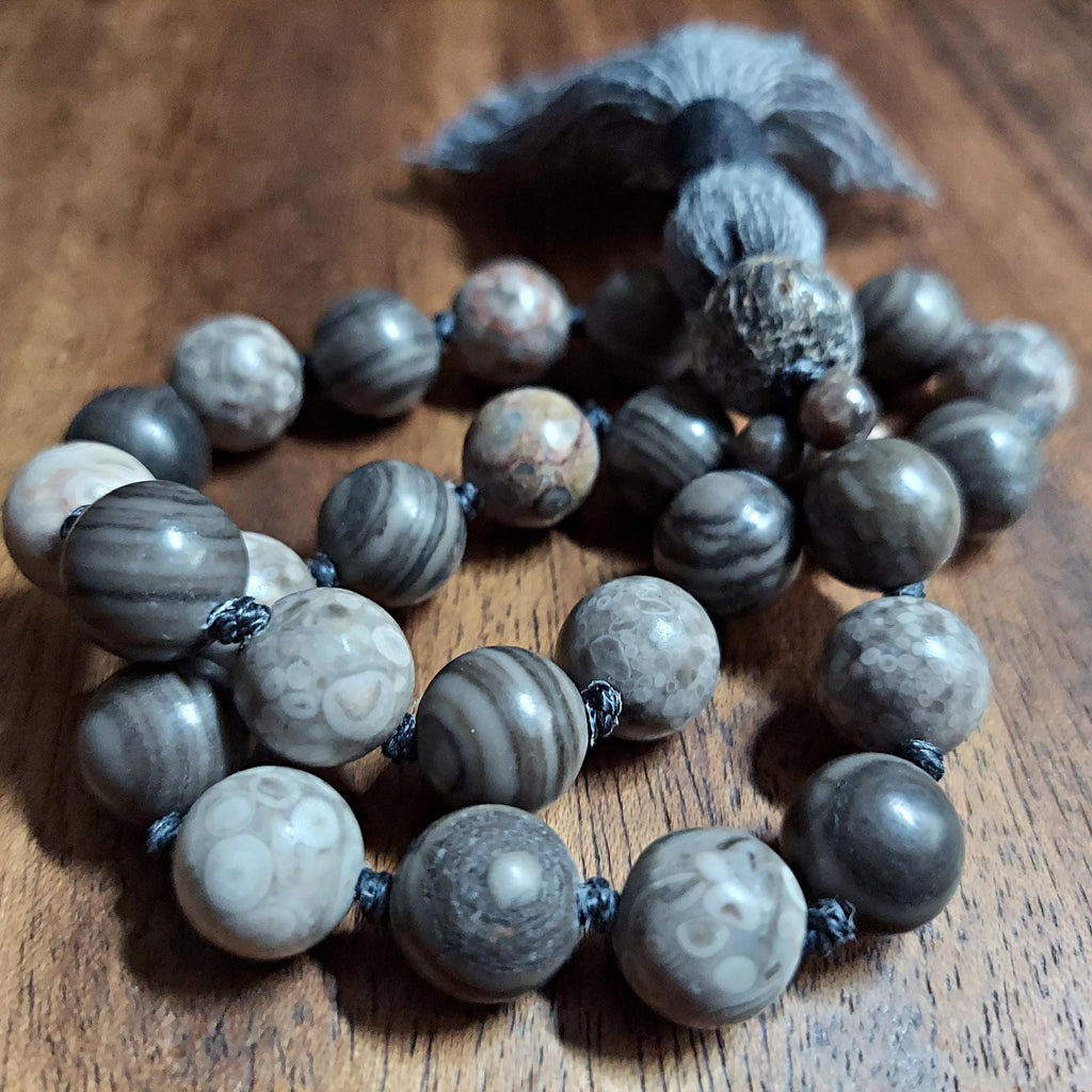 Fossil Pocket Mala with Petrified Wood, Ocean Fossil, and Stegodon Bone Fossil Guru