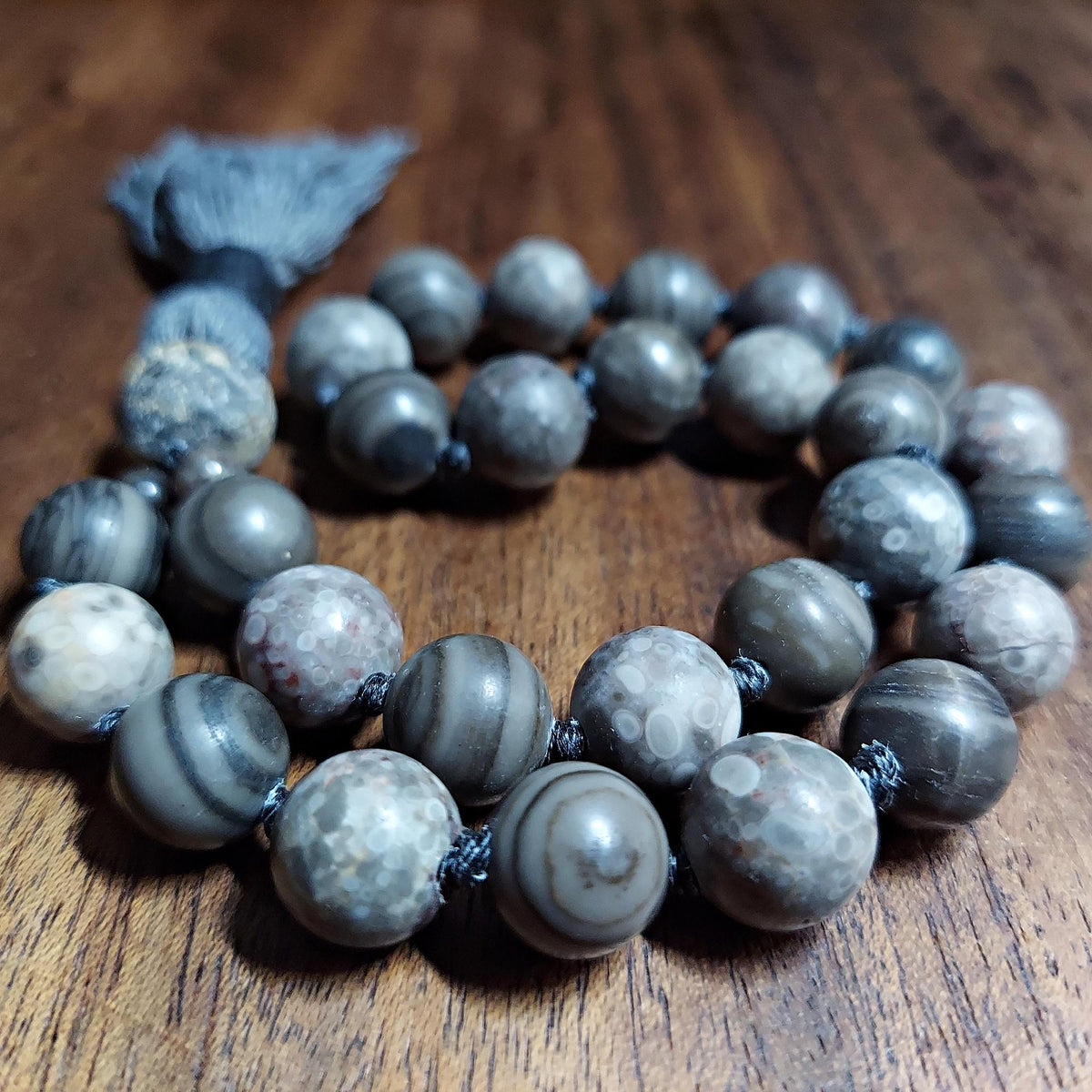 Fossil Pocket Mala with Petrified Wood, Ocean Fossil, and Stegodon Bone Fossil Guru