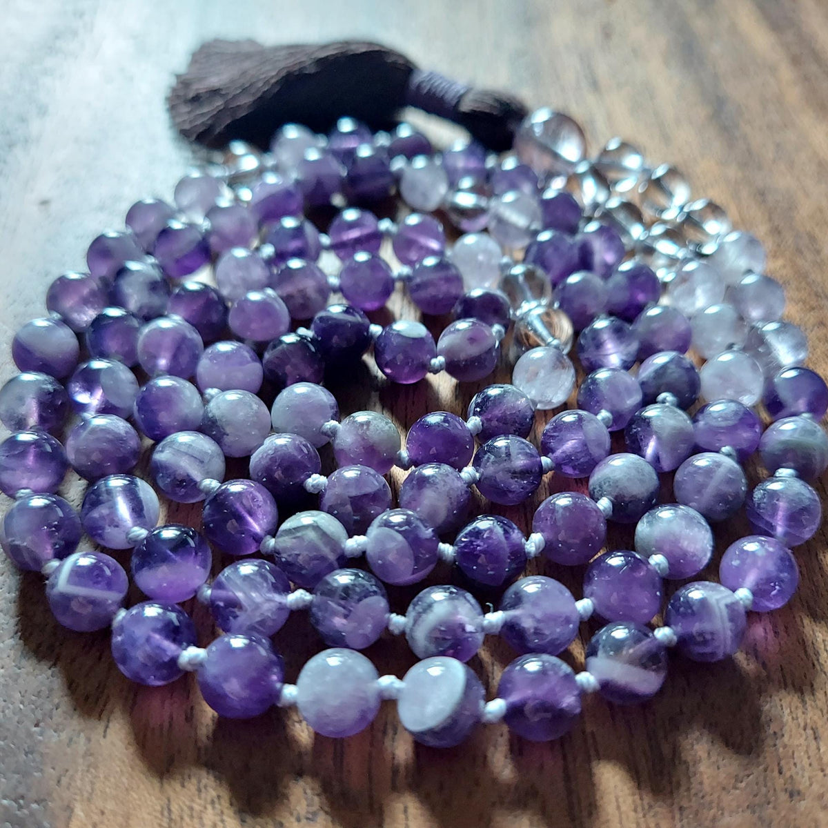 Violet Dragon Mala with Amethyst, Lavender Amethyst, Clear Quartz, and Ametrine Guru