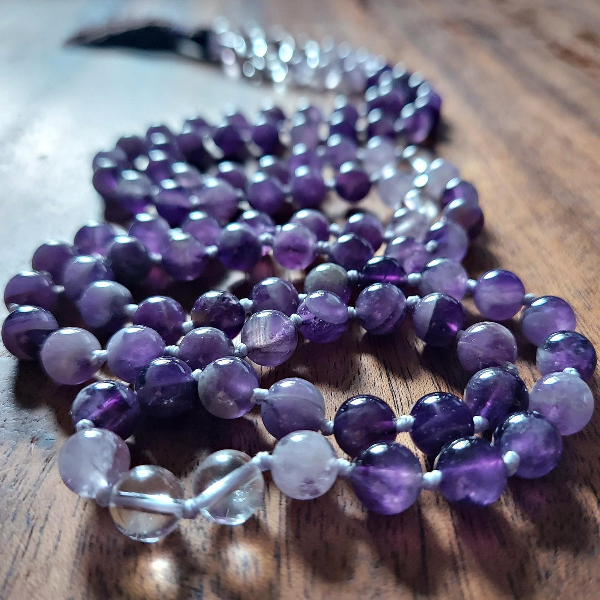 Violet Dragon Mala with Amethyst, Lavender Amethyst, Clear Quartz, and Ametrine Guru