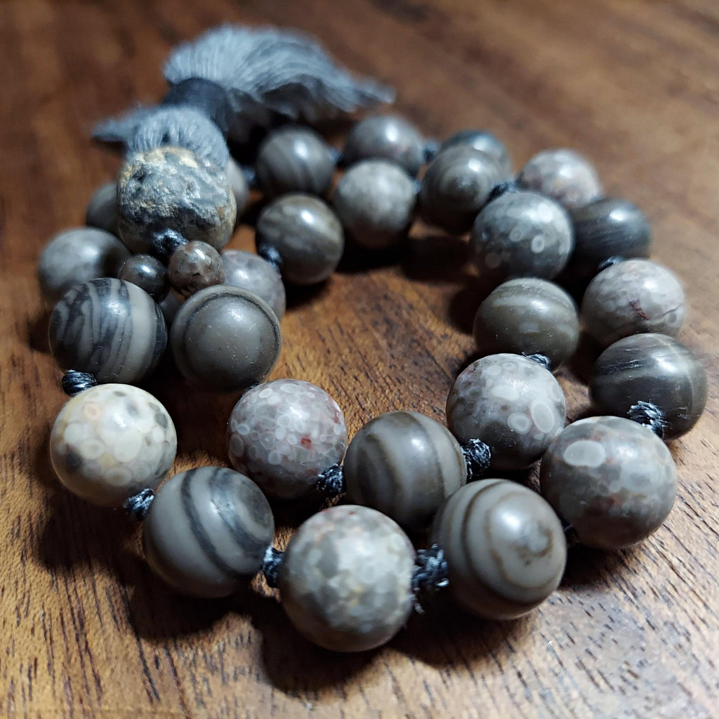Fossil Pocket Mala with Petrified Wood, Ocean Fossil, and Stegodon Bone Fossil Guru