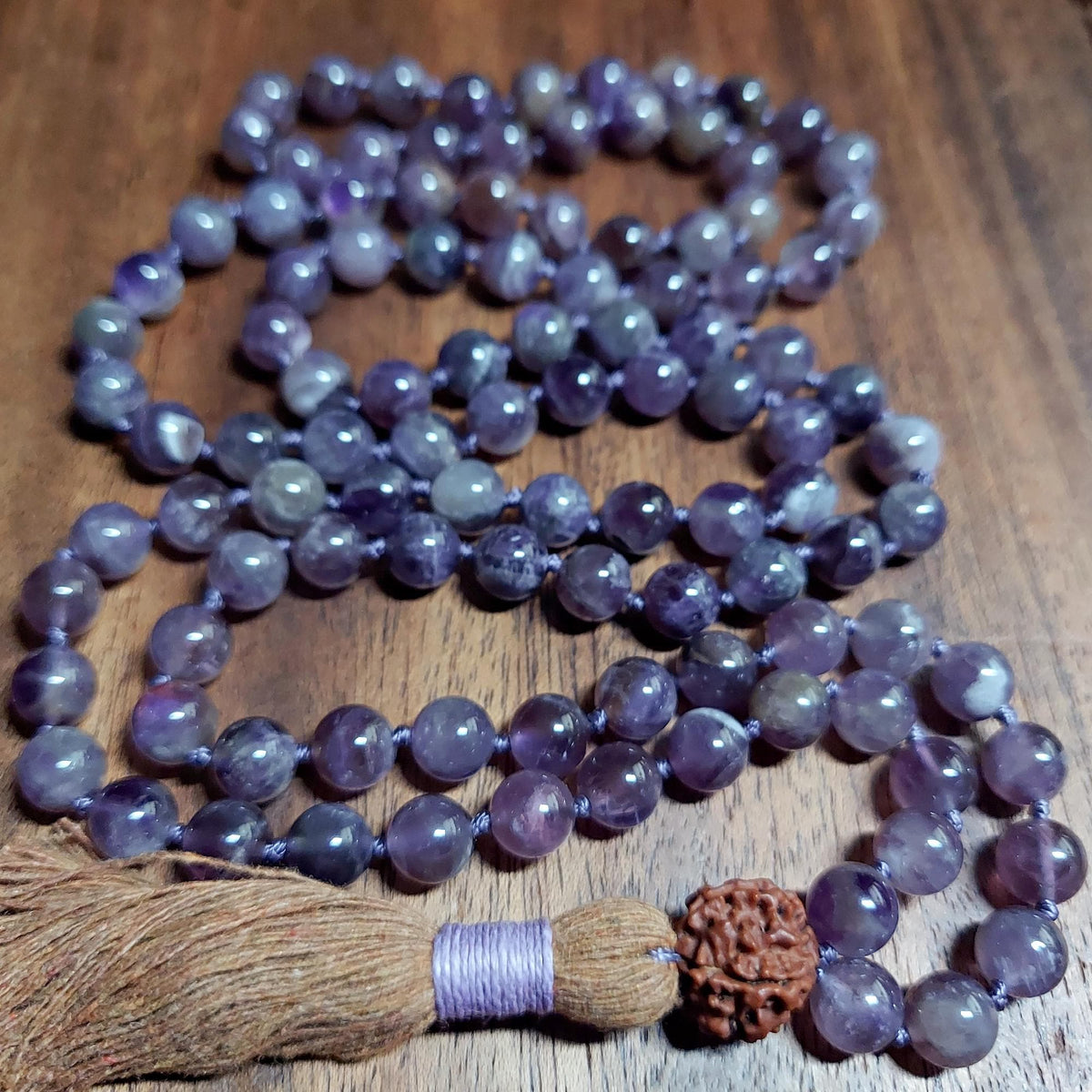 Third Eye Mala with Muted-Tone Amethyst and Rudraksha Guru