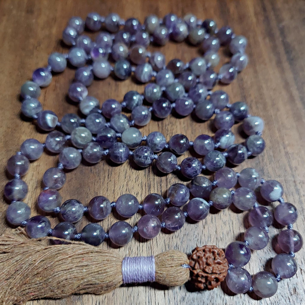 Third Eye Mala with Muted-Tone Amethyst and Rudraksha Guru