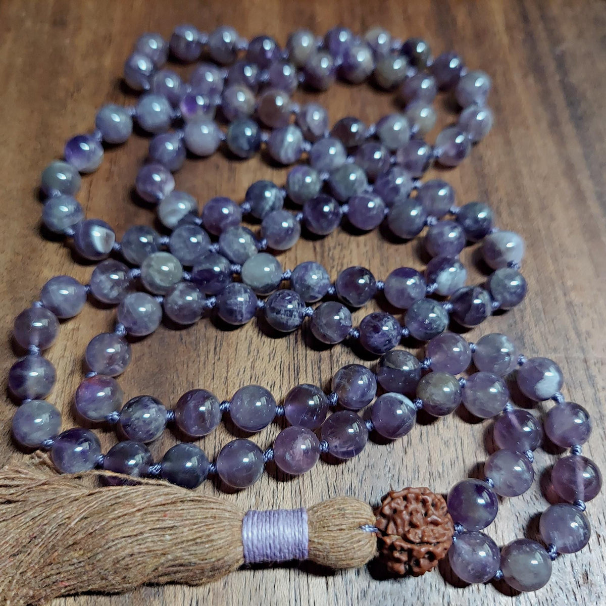 Third Eye Mala with Muted-Tone Amethyst and Rudraksha Guru