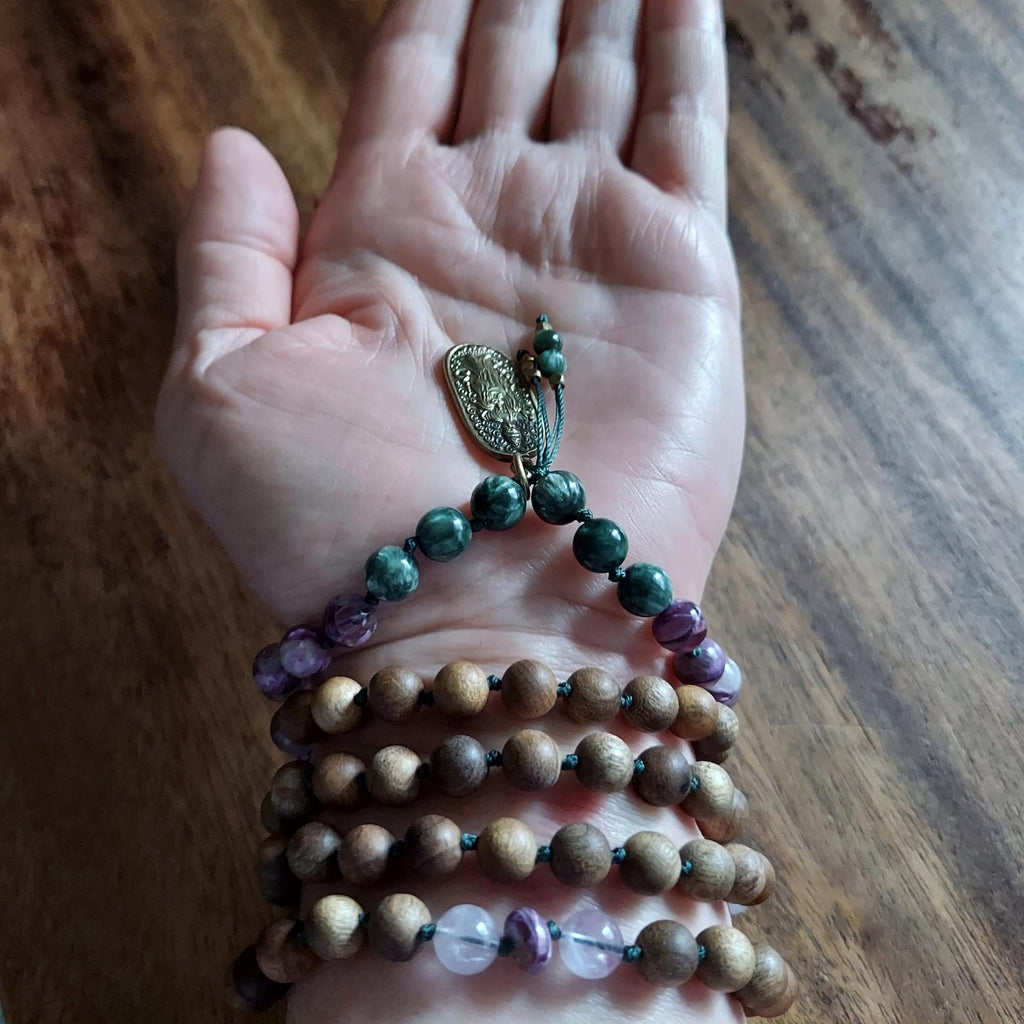 Whispers of Mercy Quan Yin Mala with Seraphinite, Purple Mica Lepidolite, Amethyst, and Sandalwood