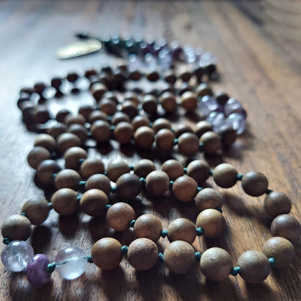 Whispers of Mercy Quan Yin Mala with Seraphinite, Purple Mica Lepidolite, Amethyst, and Sandalwood