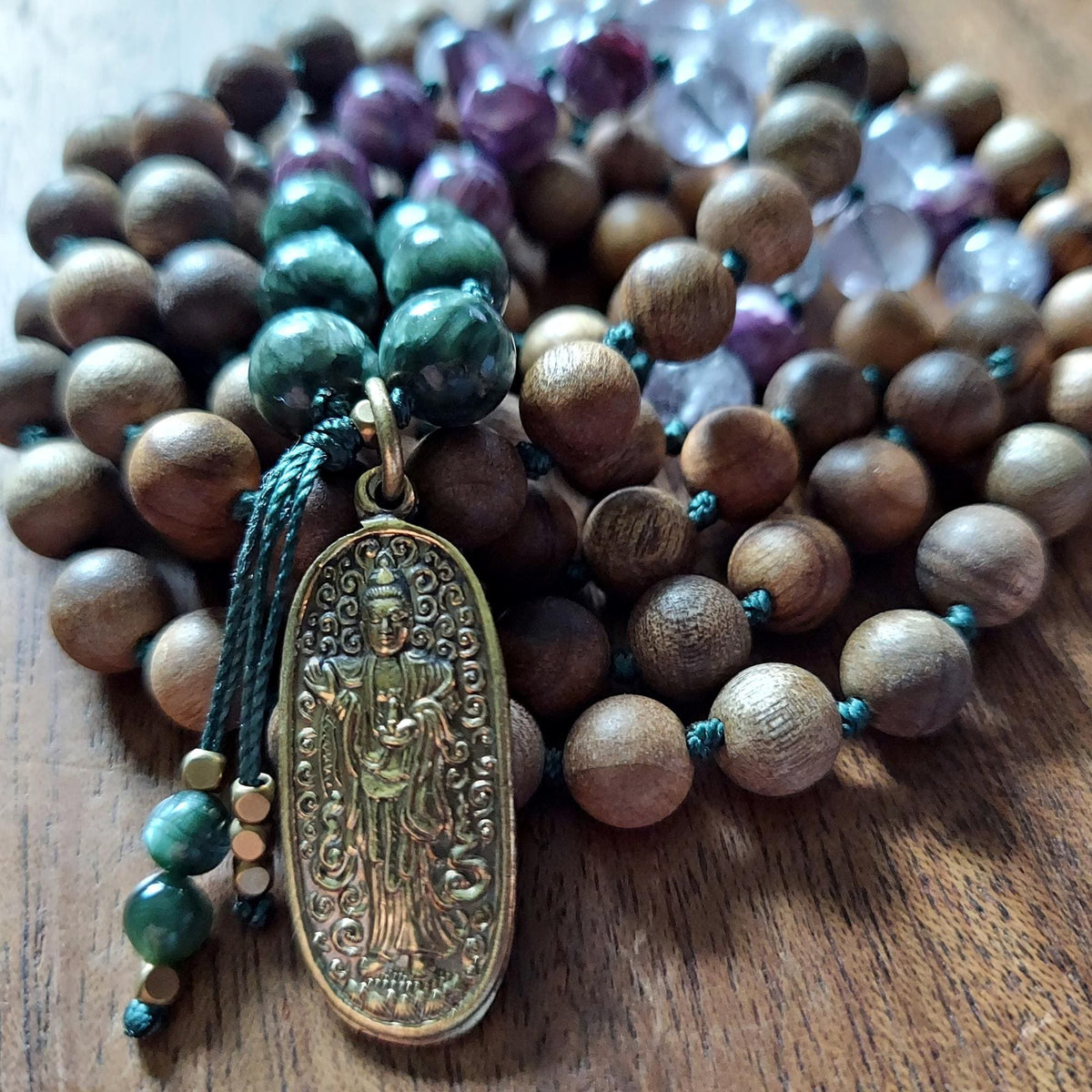 Whispers of Mercy Quan Yin Mala with Seraphinite, Purple Mica Lepidolite, Amethyst, and Sandalwood