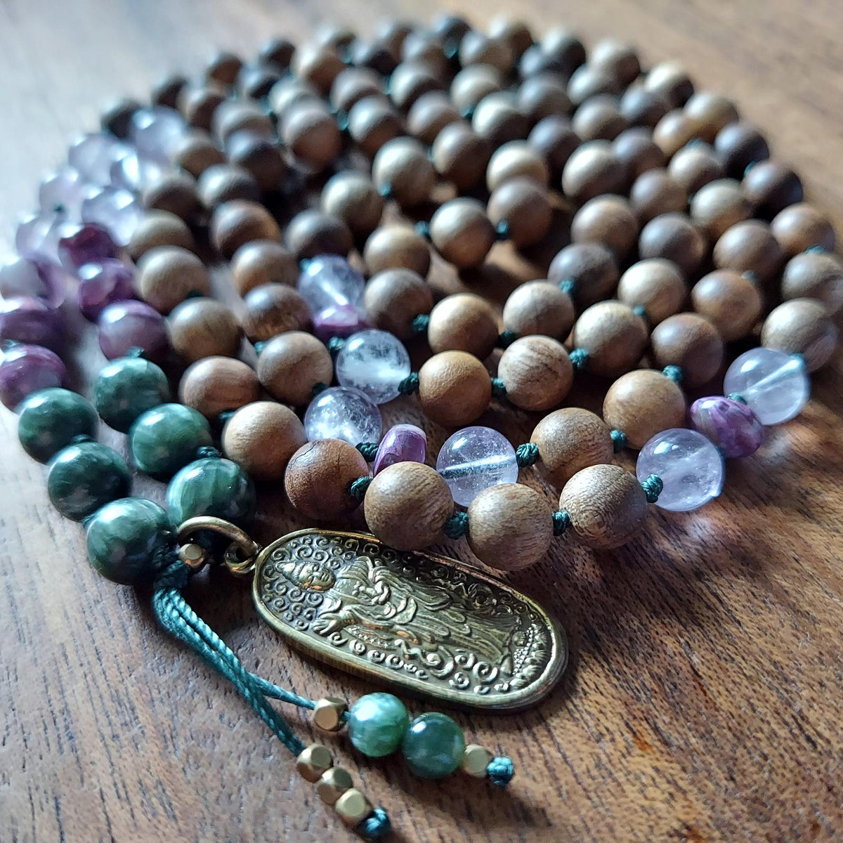 Whispers of Mercy Quan Yin Mala with Seraphinite, Purple Mica Lepidolite, Amethyst, and Sandalwood