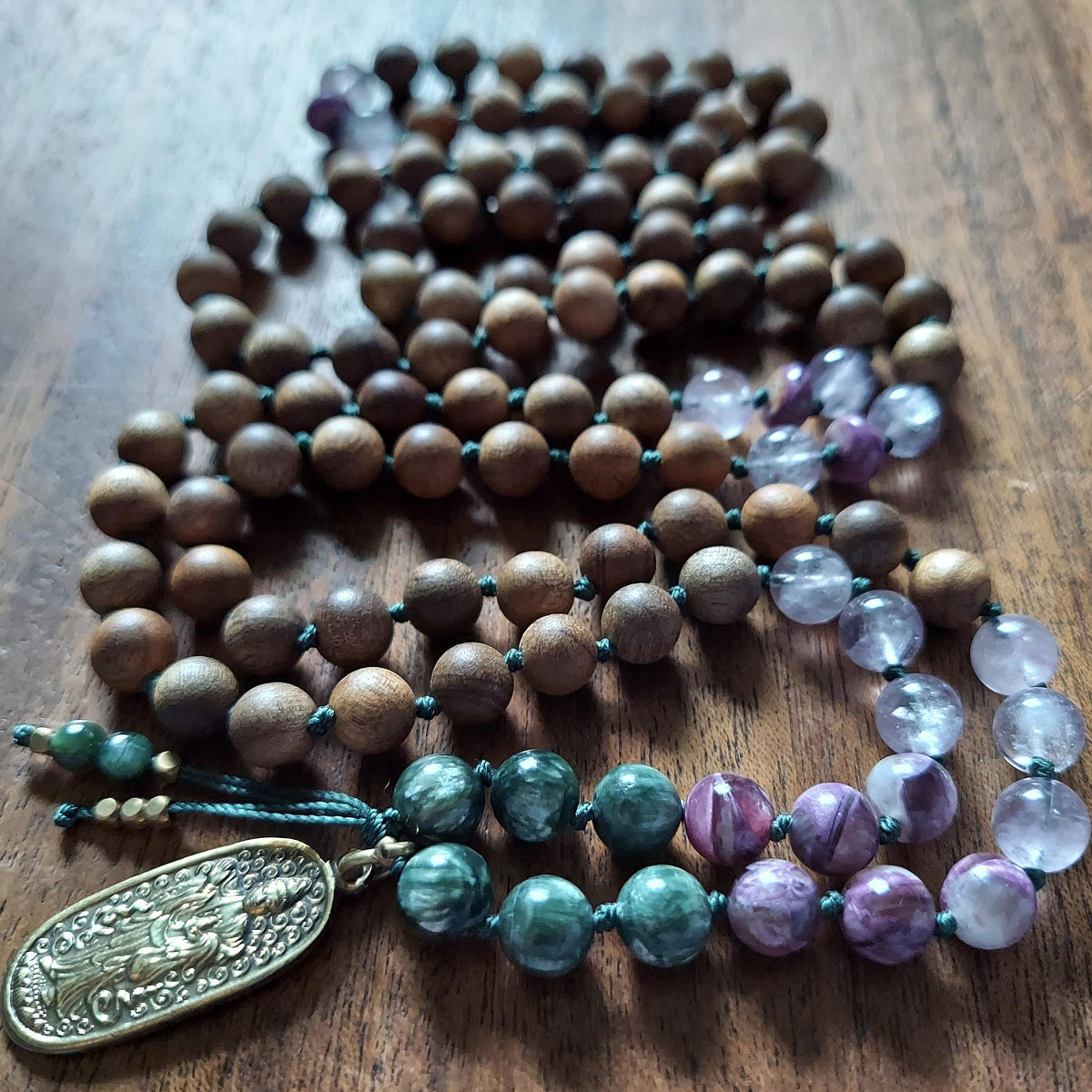 Whispers of Mercy Quan Yin Mala with Seraphinite, Purple Mica Lepidolite, Amethyst, and Sandalwood