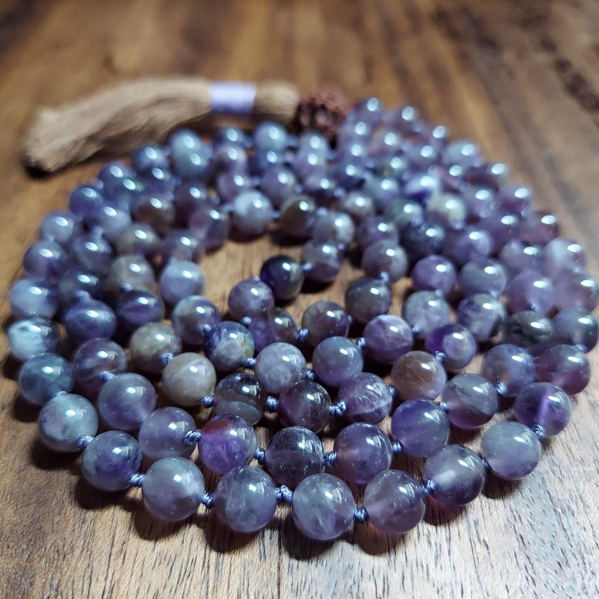 Third Eye Mala with Muted-Tone Amethyst and Rudraksha Guru