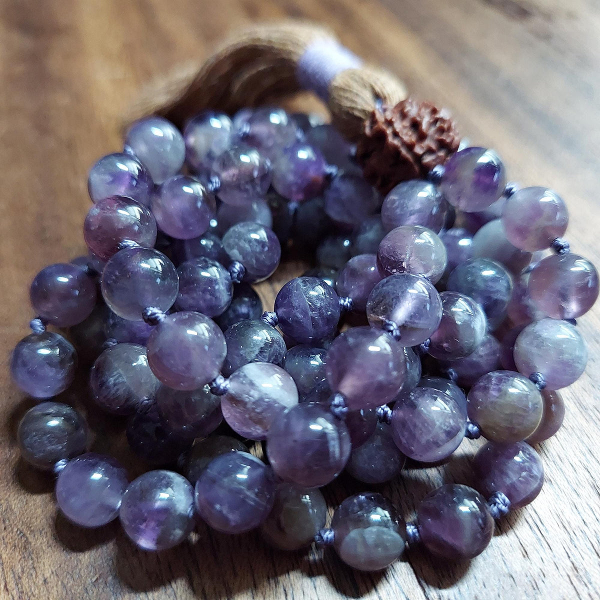 Third Eye Mala with Muted-Tone Amethyst and Rudraksha Guru