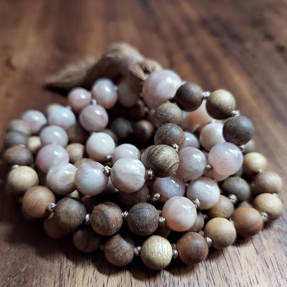 Sacral Chakra Healing Mala Beads | Sunstone & Sandalwood Beaded Necklace | Meditation Gift | Peach Brown Prayer Beads | Yoga Gift for Her