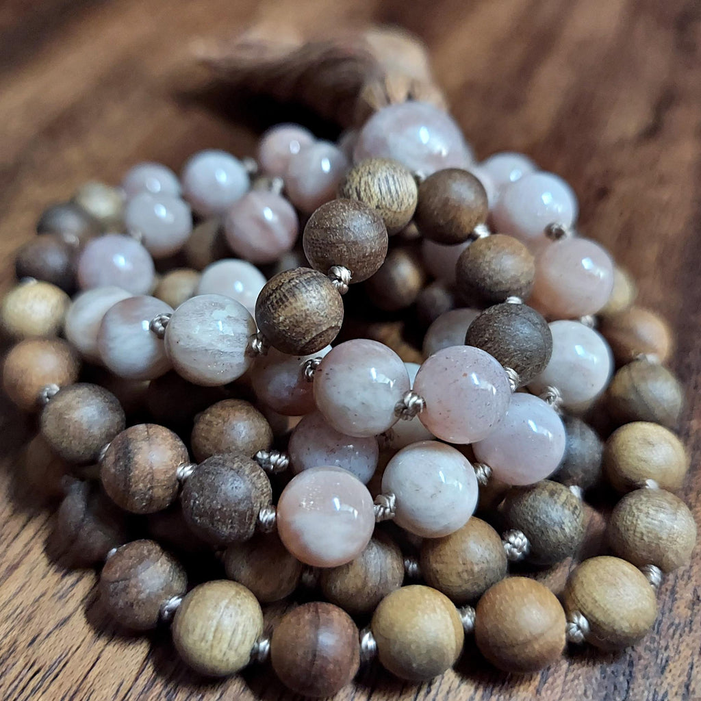 Sacral Chakra Healing Mala Beads | Sunstone & Sandalwood Beaded Necklace | Meditation Gift | Peach Brown Prayer Beads | Yoga Gift for Her