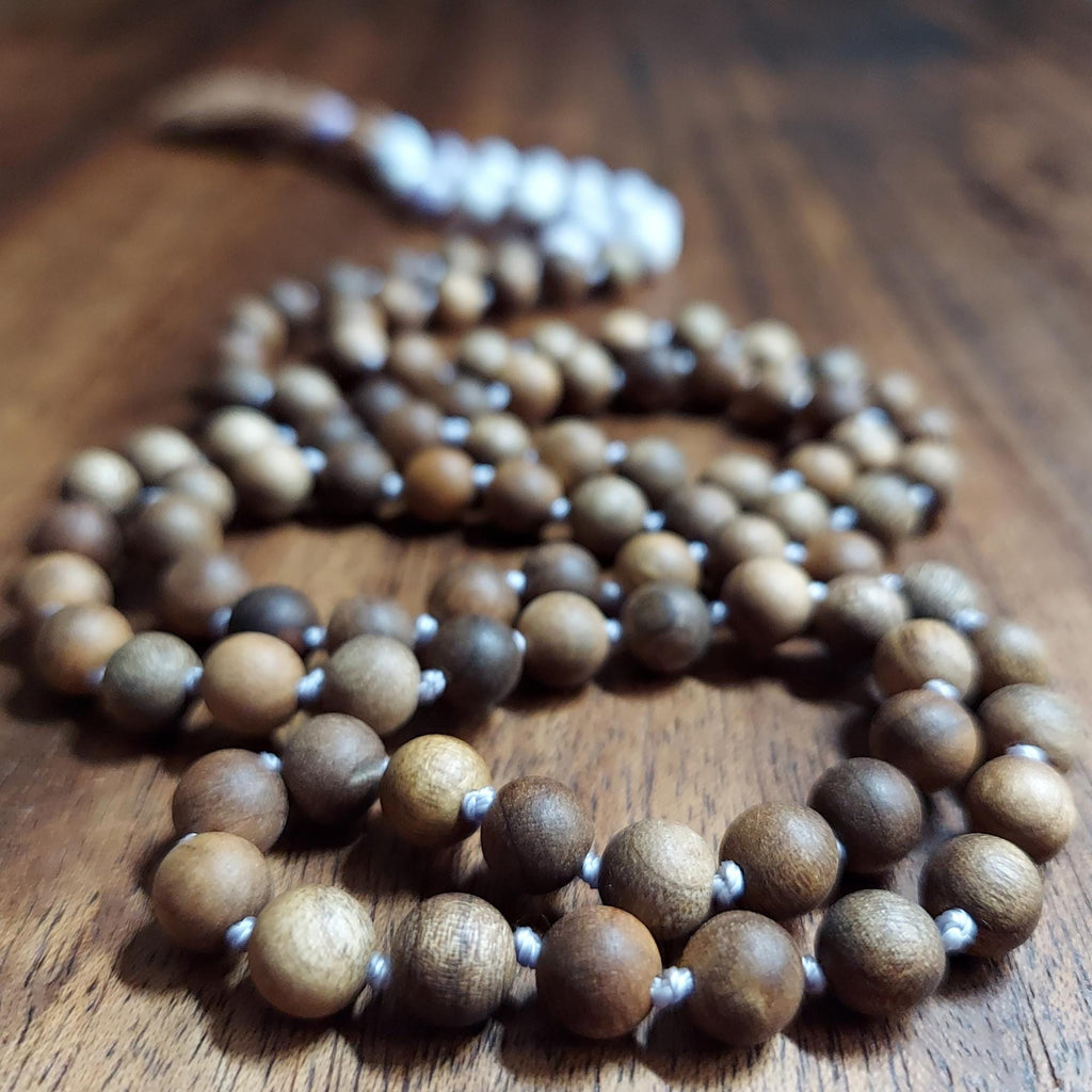 Crown Chakra Healing Mala Beads | Rare Tiffany Stone & Sandalwood Beaded Necklace | Meditation Gift | Violet White Prayer Beads | Yoga Gift