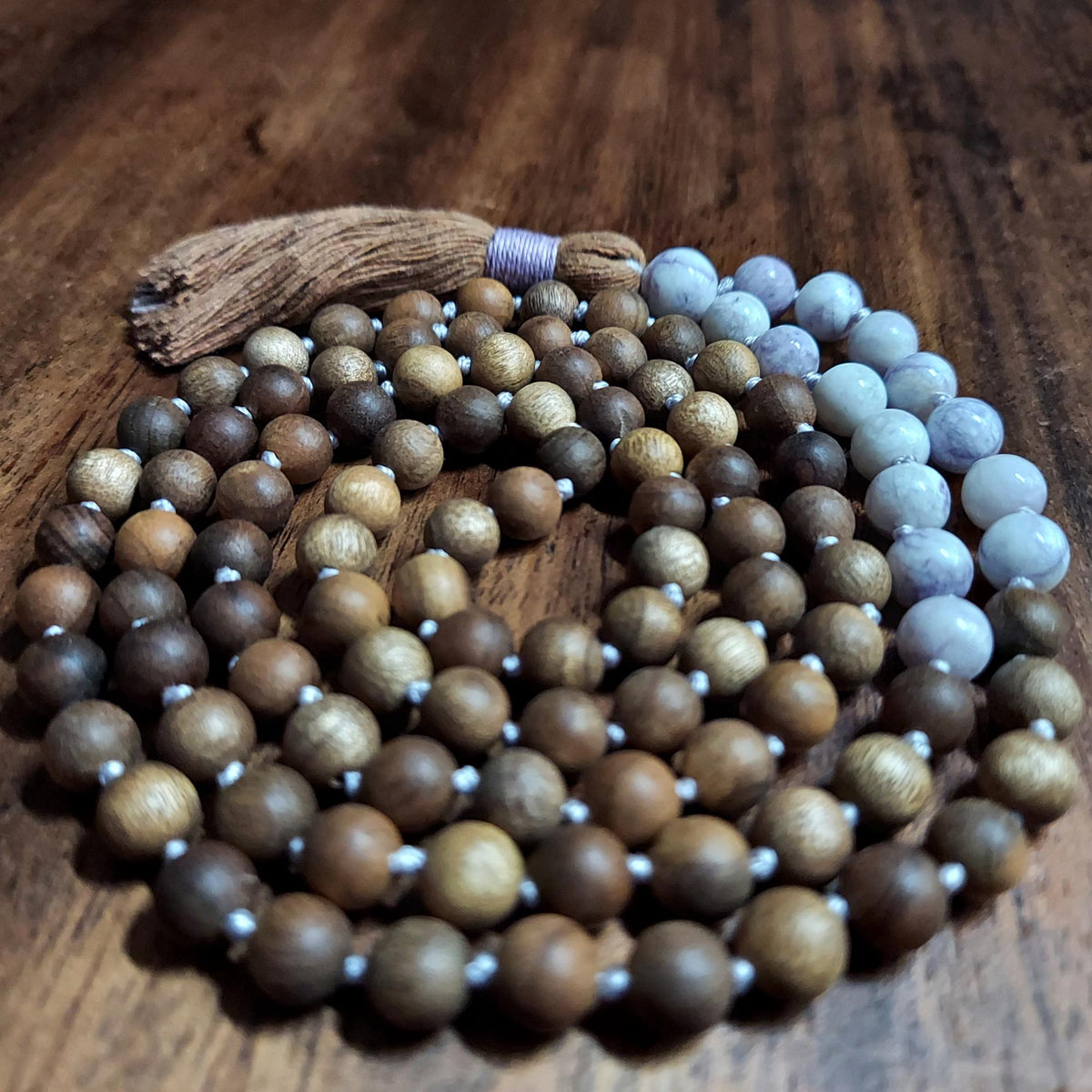 Crown Chakra Healing Mala Beads | Rare Tiffany Stone & Sandalwood Beaded Necklace | Meditation Gift | Violet White Prayer Beads | Yoga Gift