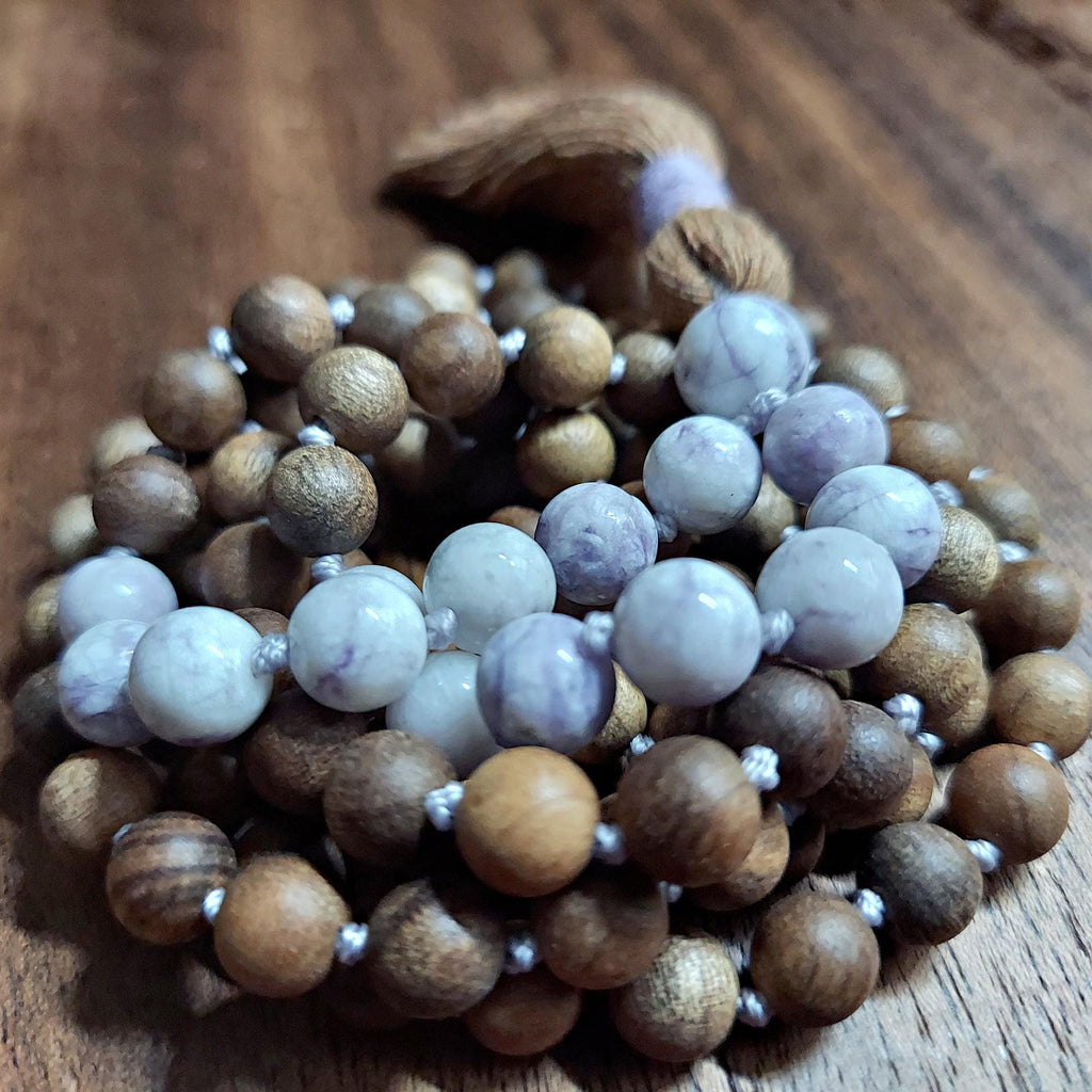Crown Chakra Healing Mala Beads | Rare Tiffany Stone & Sandalwood Beaded Necklace | Meditation Gift | Violet White Prayer Beads | Yoga Gift