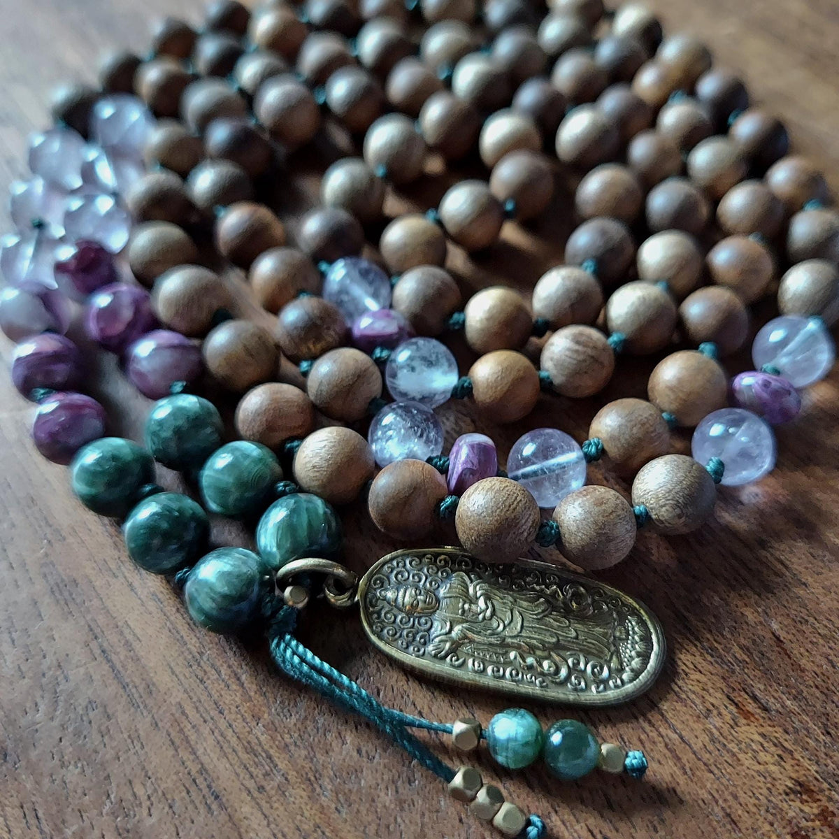 Whispers of Mercy Quan Yin Mala with Seraphinite, Purple Mica Lepidolite, Amethyst, and Sandalwood