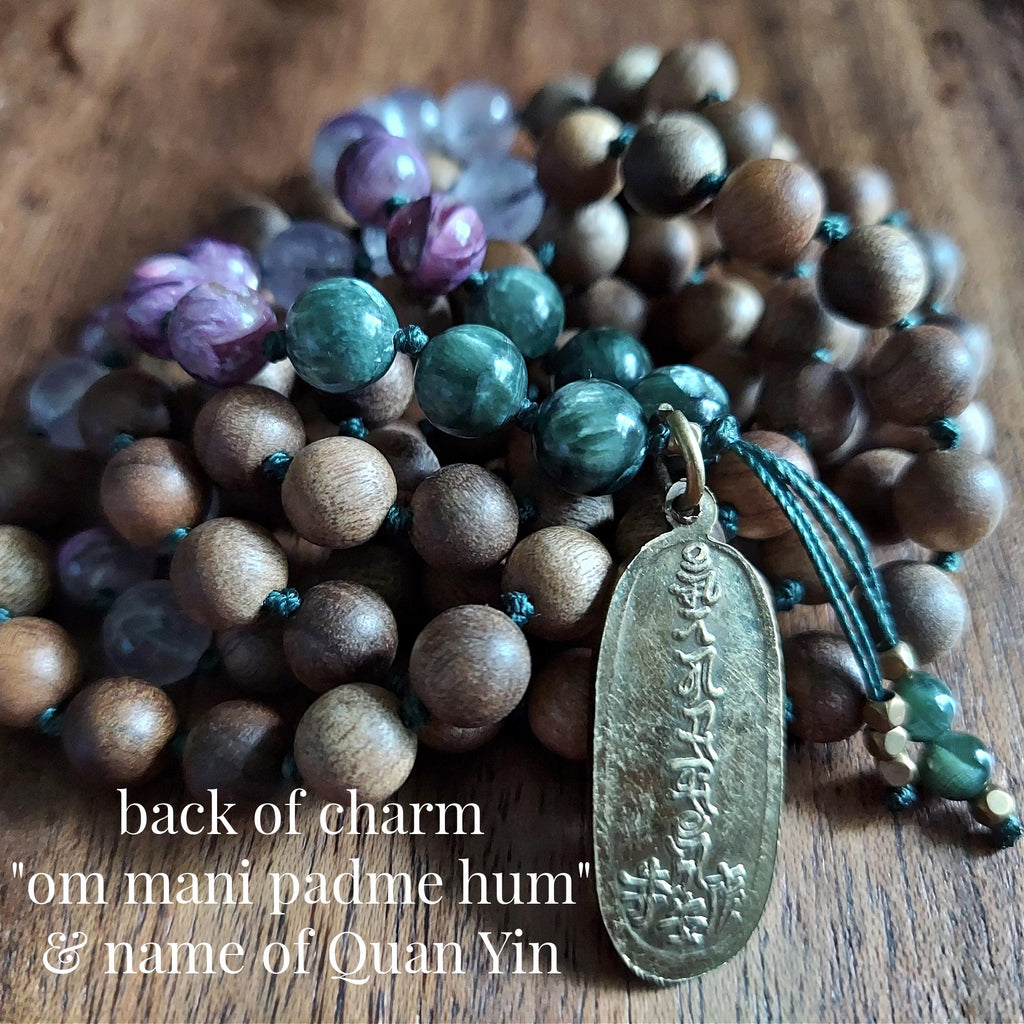 Whispers of Mercy Quan Yin Mala with Seraphinite, Purple Mica Lepidolite, Amethyst, and Sandalwood