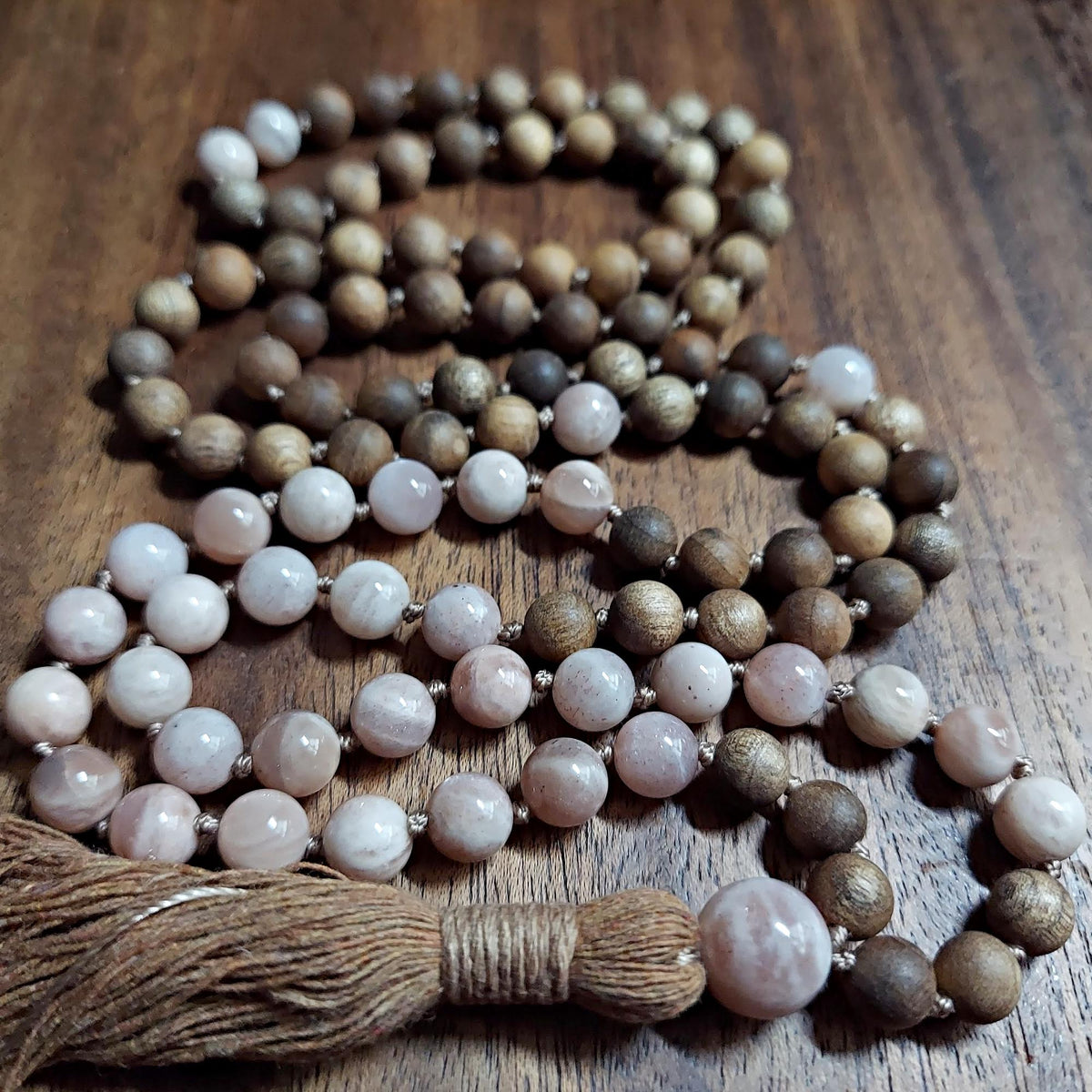 Sacral Chakra Healing Mala Beads | Sunstone & Sandalwood Beaded Necklace | Meditation Gift | Peach Brown Prayer Beads | Yoga Gift for Her