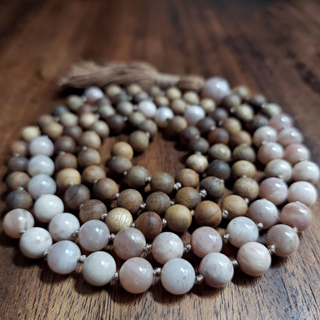 Sacral Chakra Healing Mala Beads | Sunstone & Sandalwood Beaded Necklace | Meditation Gift | Peach Brown Prayer Beads | Yoga Gift for Her