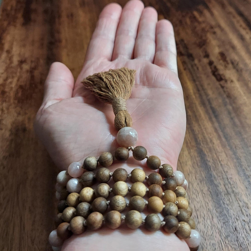 Sacral Chakra Healing Mala Beads | Sunstone & Sandalwood Beaded Necklace | Meditation Gift | Peach Brown Prayer Beads | Yoga Gift for Her