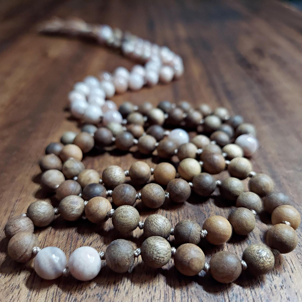 Sacral Chakra Healing Mala Beads | Sunstone & Sandalwood Beaded Necklace | Meditation Gift | Peach Brown Prayer Beads | Yoga Gift for Her